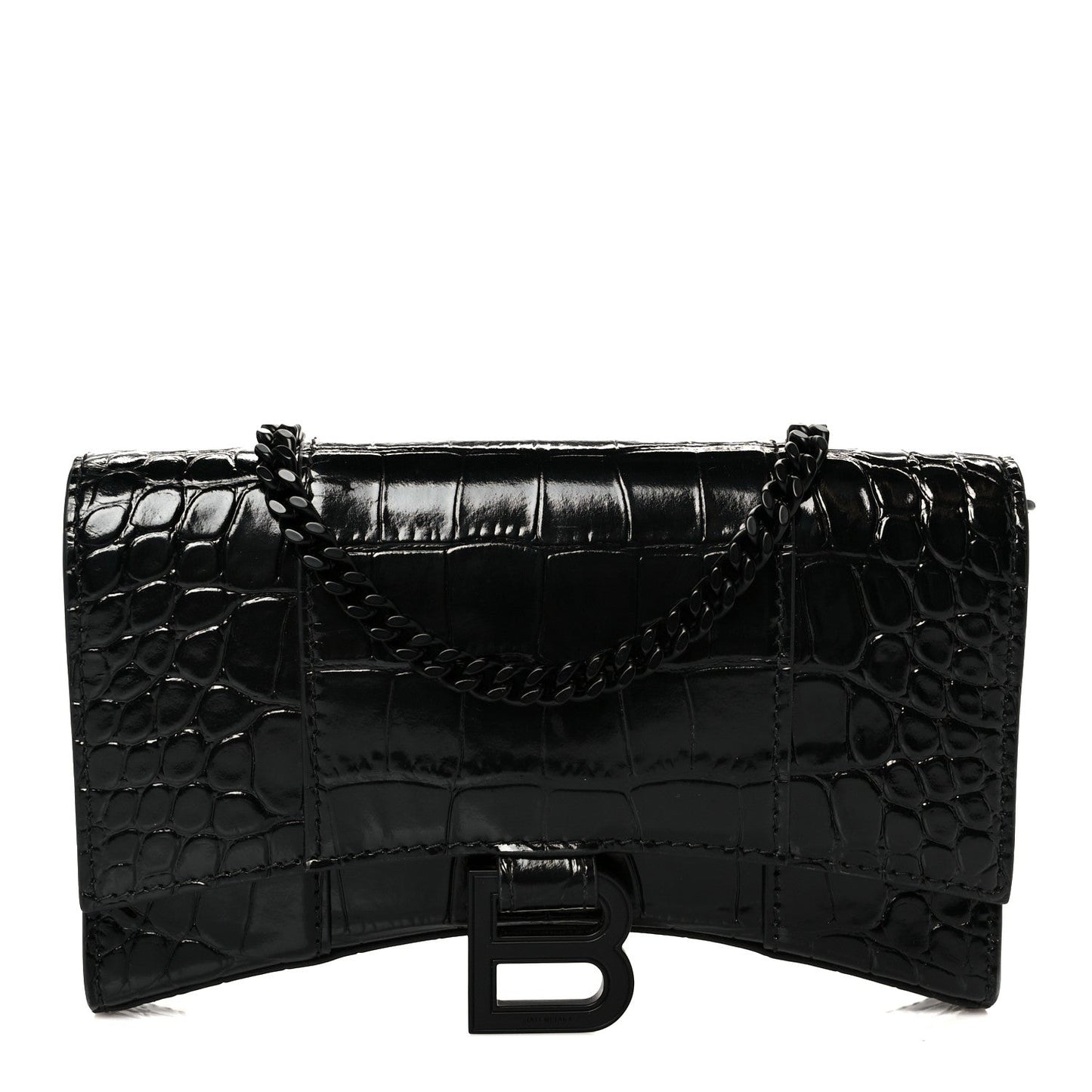Shiny Calfskin Monochrome Crocodile Embossed Hourglass Chain Bag Black