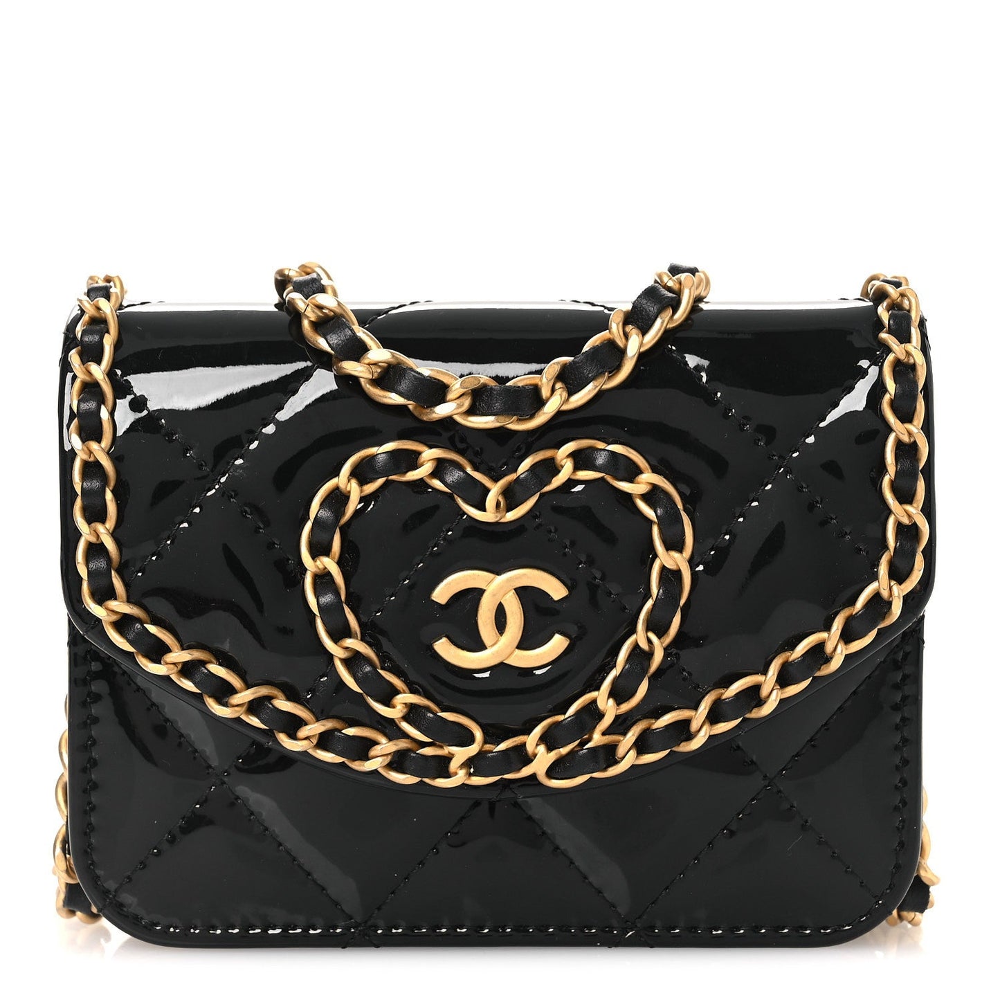 Patent Quilted Chain Around Heart Mini Chain Flap Black