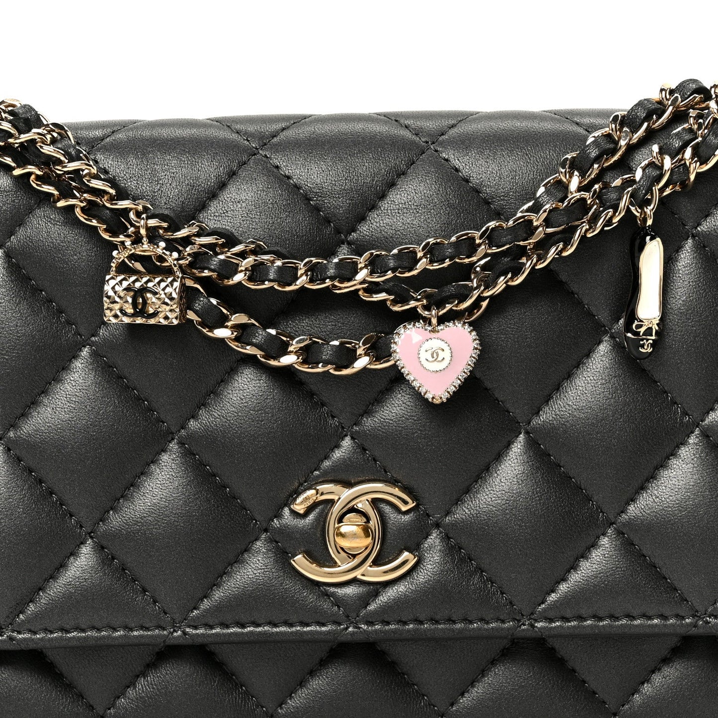 Pearly Lambskin Quilted Charms Wallet On Chain WOC Black