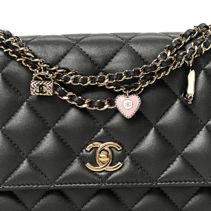 Pearly Lambskin Quilted Charms Wallet On Chain WOC Black