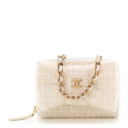 Tweed Quilted Bow Flap Card Holder On Chain White