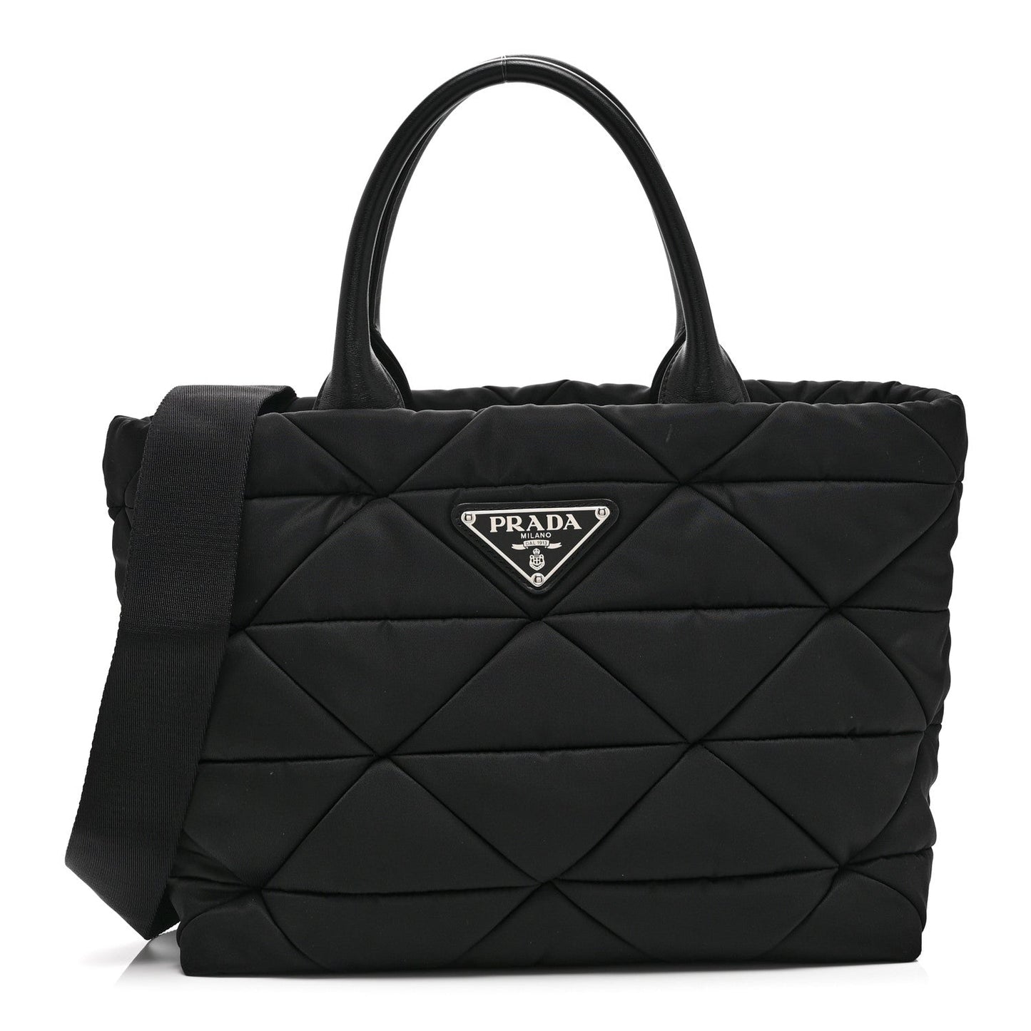 Re-Nylon Nappa Triangle Quilted Padded Small Double Handled Zip Tote Black