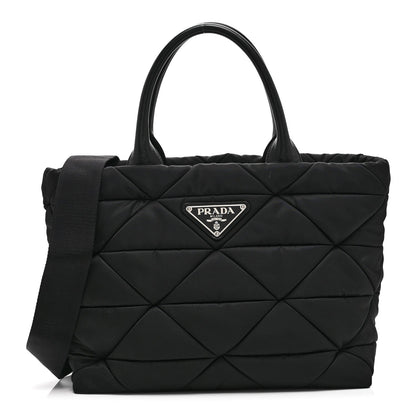 Re-Nylon Nappa Triangle Quilted Padded Small Double Handled Zip Tote Black