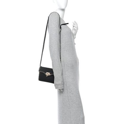 Pebbled Calfskin Rockstud Flip Lock Shoulder Bag Black