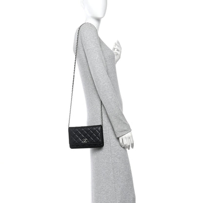 Lambskin Quilted Enamel CC Wallet on Chain WOC Black