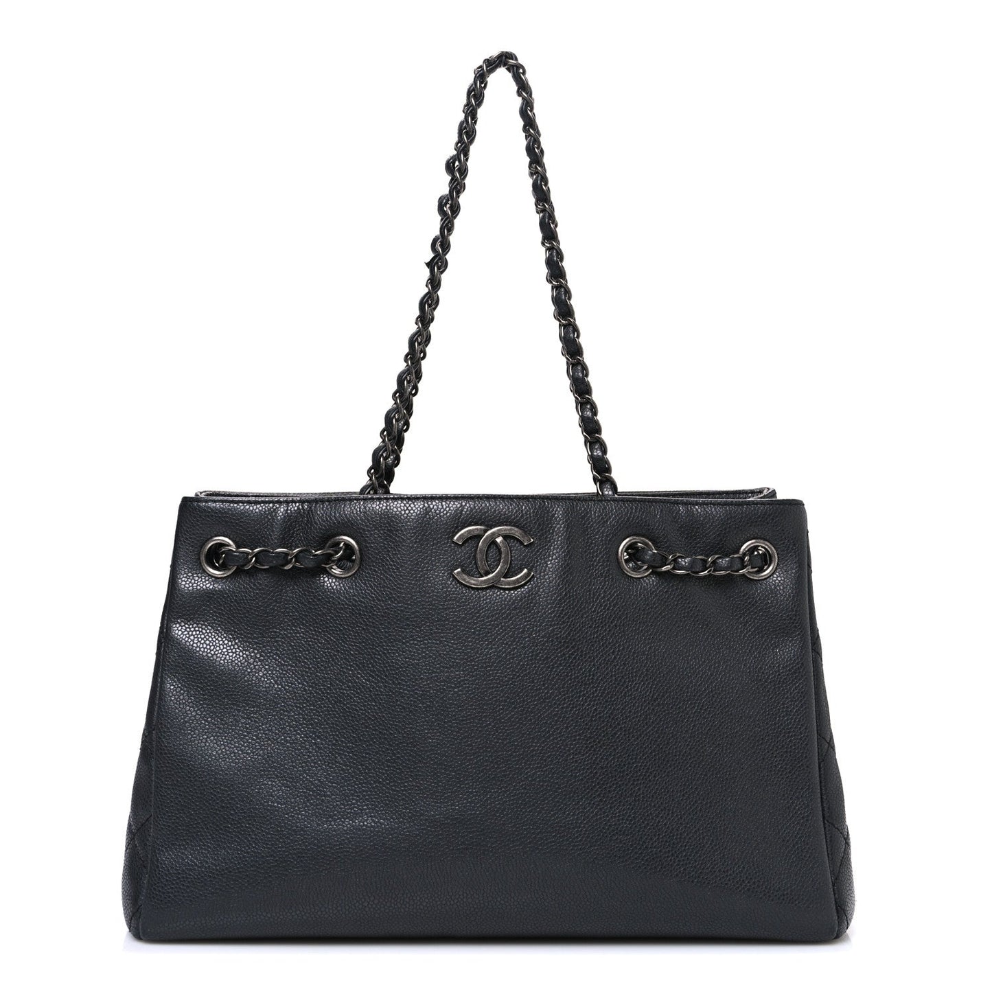 Metallic Grained Calfskin Medium Woven Chain Shopping Bag Black