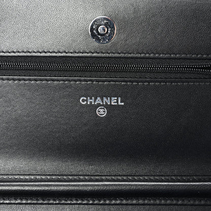 Lambskin Quilted Enamel CC Wallet on Chain WOC Black