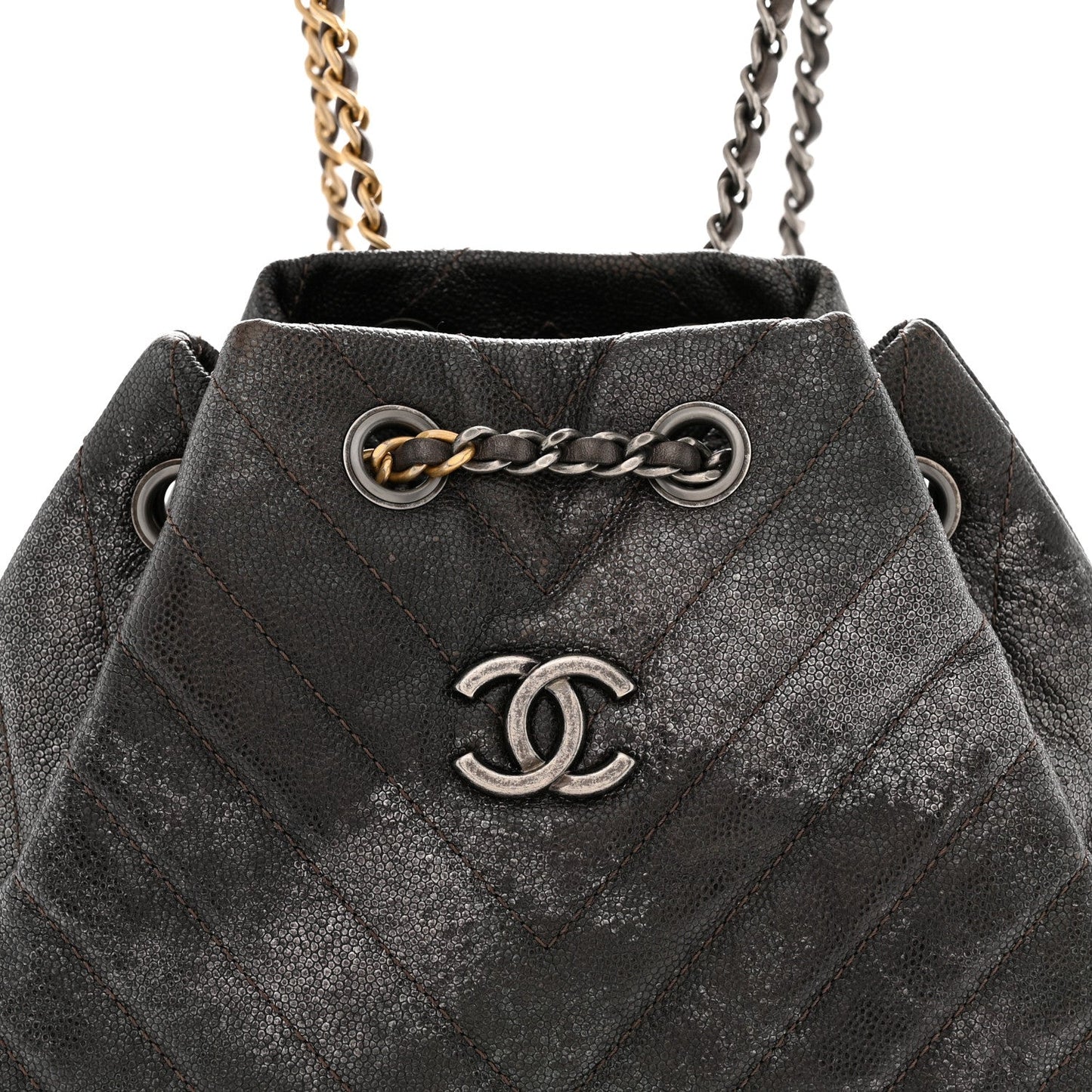 Metallic Grained Goatskin Chevron Quilted Gabrielle Backpack Dark Silver Gold
