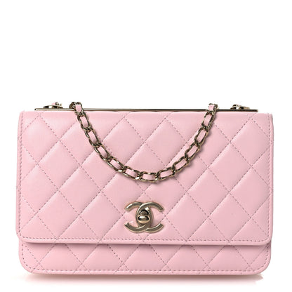 Lambskin Quilted Trendy Chain CC Wallet On Chain WOC Light Pink