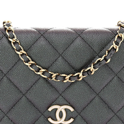 Iridescent Caviar Quilted Wallet on Chain WOC Dark Blue