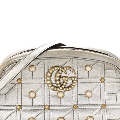 Metallic Calfskin Matelasse Studded Small Pearly GG Marmont Chain Shoulder Bag Silver