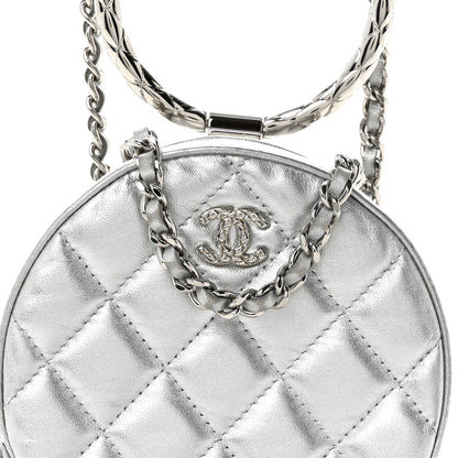 Metallic Calfskin Quilted Round Bracelet Clutch With Chain Silver