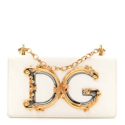 Calfskin DG Girls Phone Shoulder Bag White