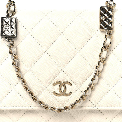 Shiny Caviar Quilted Flap Charm Wallet On Chain WOC White