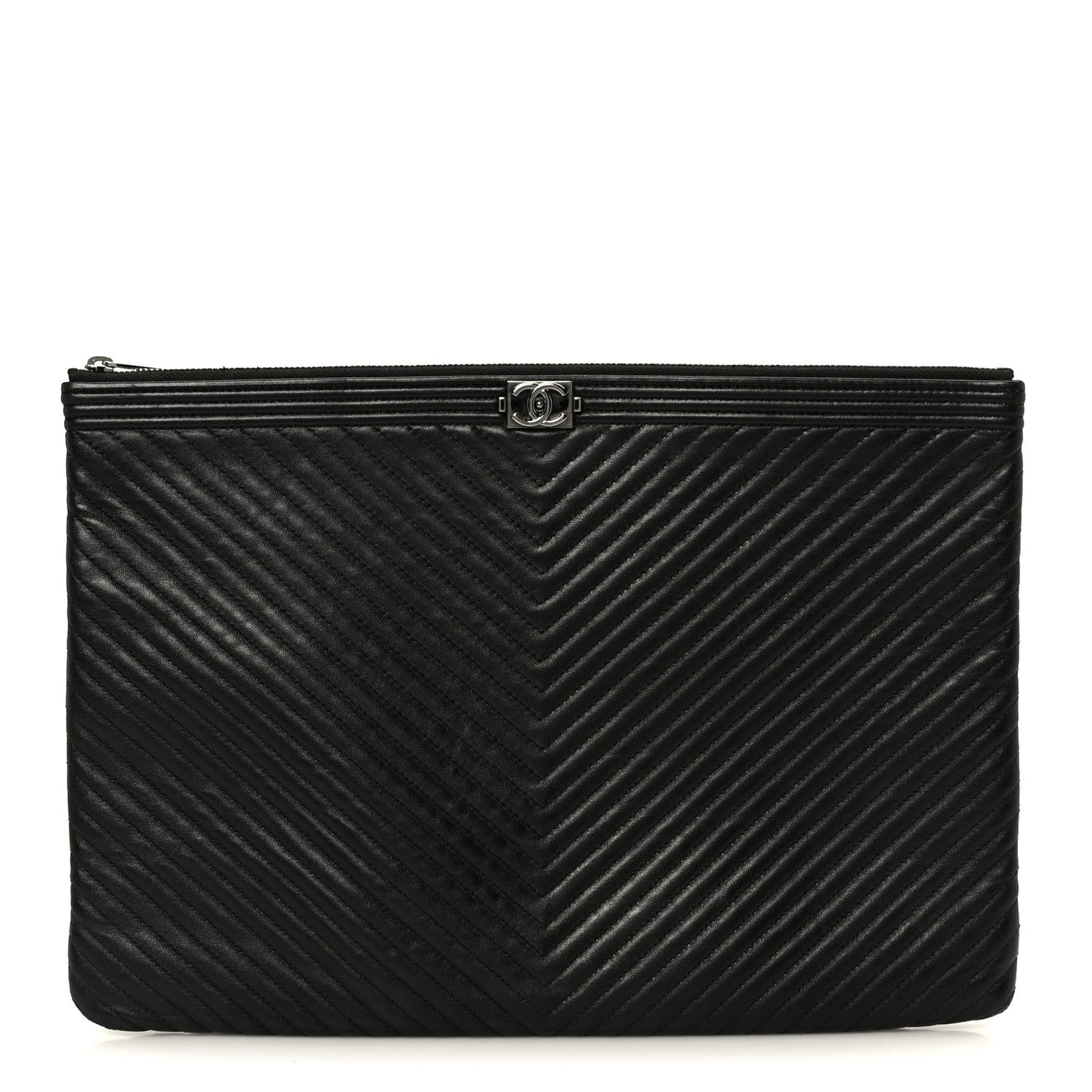 Lambskin Chevron Large Boy Zip Pouch Black