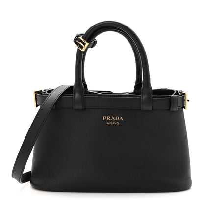 Soft Grain Calfskin Small Double Belt Tote Black
