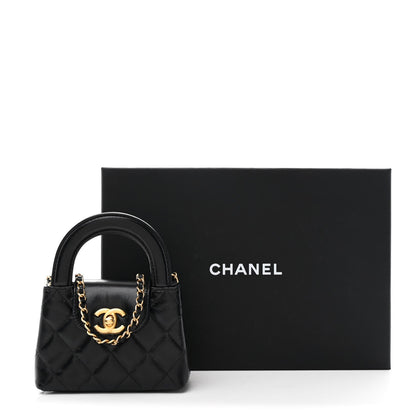 Shiny Aged Calfskin Quilted Mini Nano Kelly Shopper Black
