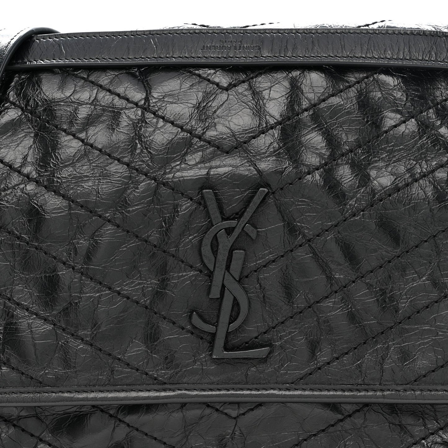 Crinkled Calfskin Matelasse Monogram Large Niki Chain Satchel Black