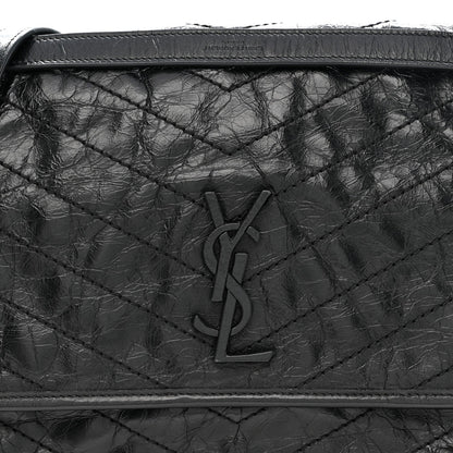 Crinkled Calfskin Matelasse Monogram Large Niki Chain Satchel Black
