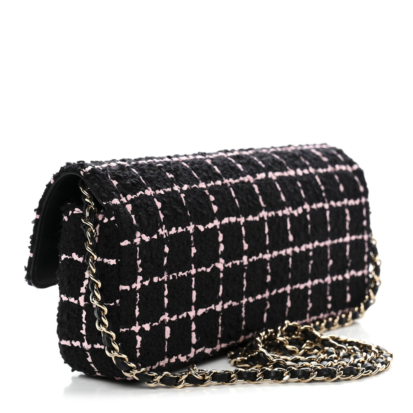 Tweed Quilted East West Camellia Clutch Black Pink