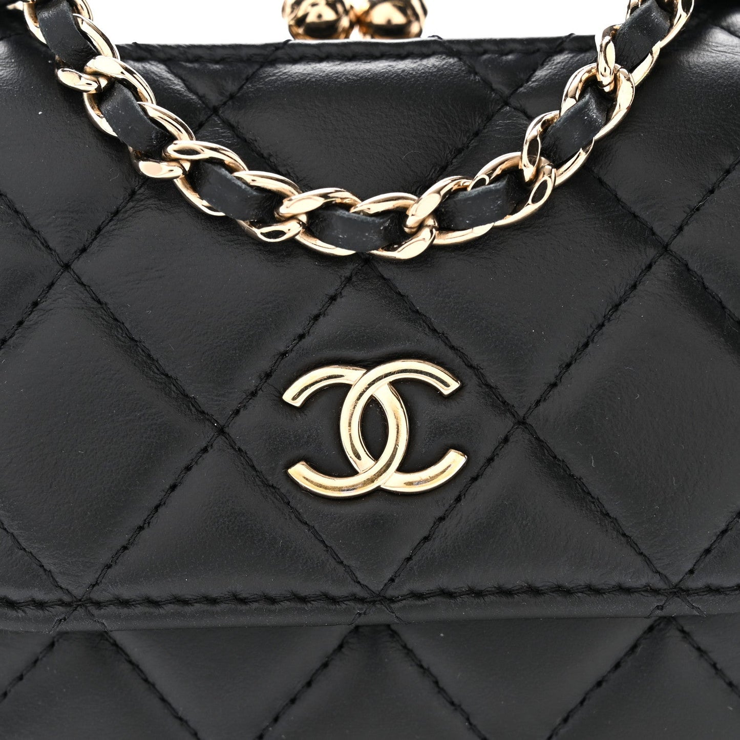 Lambskin Quilted Kiss Lock Top Handle Flap Clutch With Chain Black