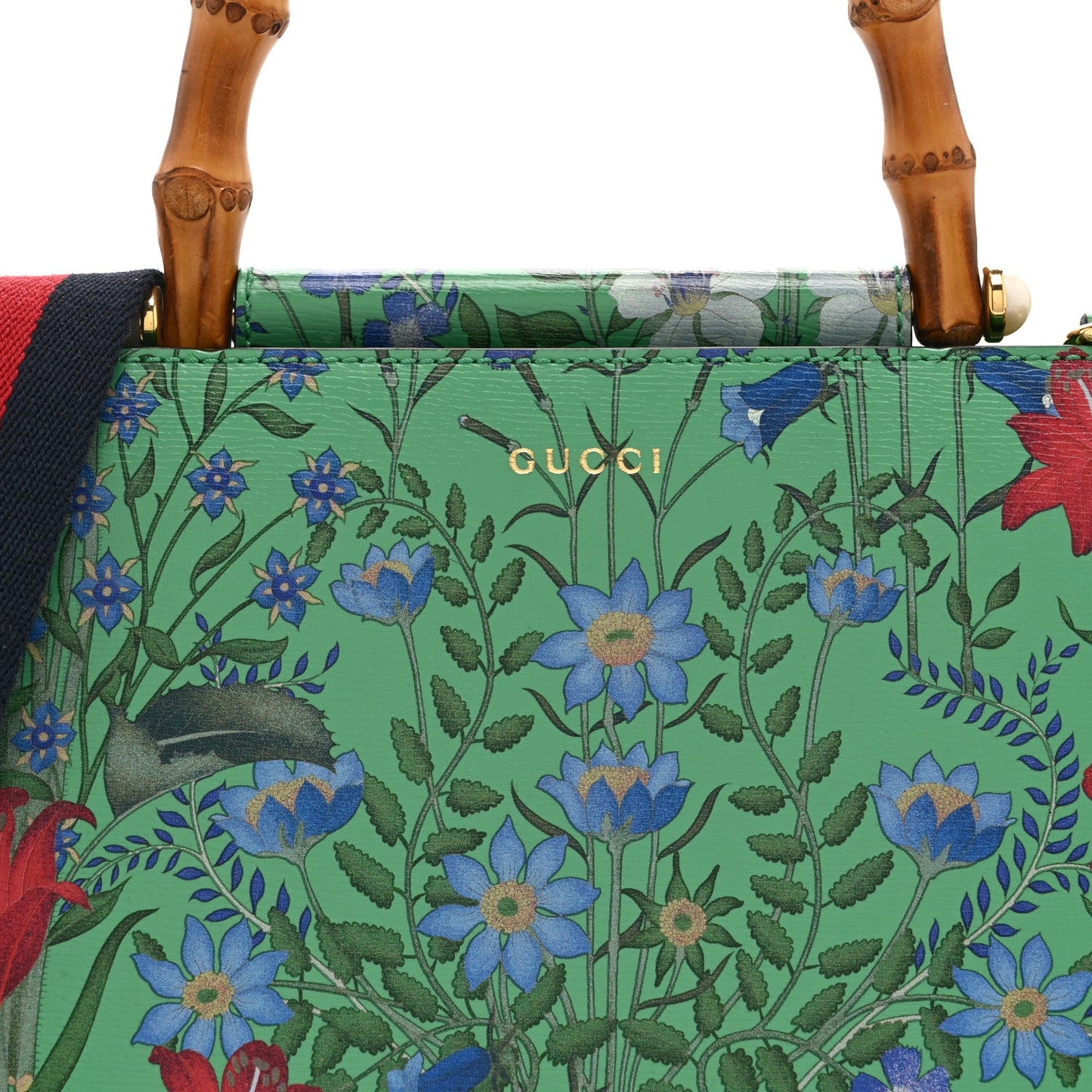 Calfskin Bamboo Web New Flora Small Nymphaea Top Handle Bag Green