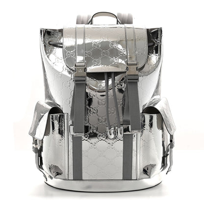Mirror Effect GG Monogram Appia Calfskin Web Double Buckle Backpack Silver