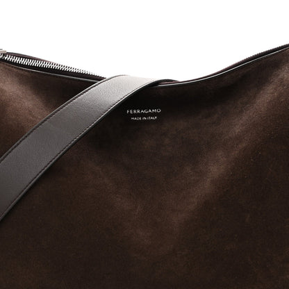 Suede Calfskin Gancini Twins Slouchy Crossbody Bag Brown