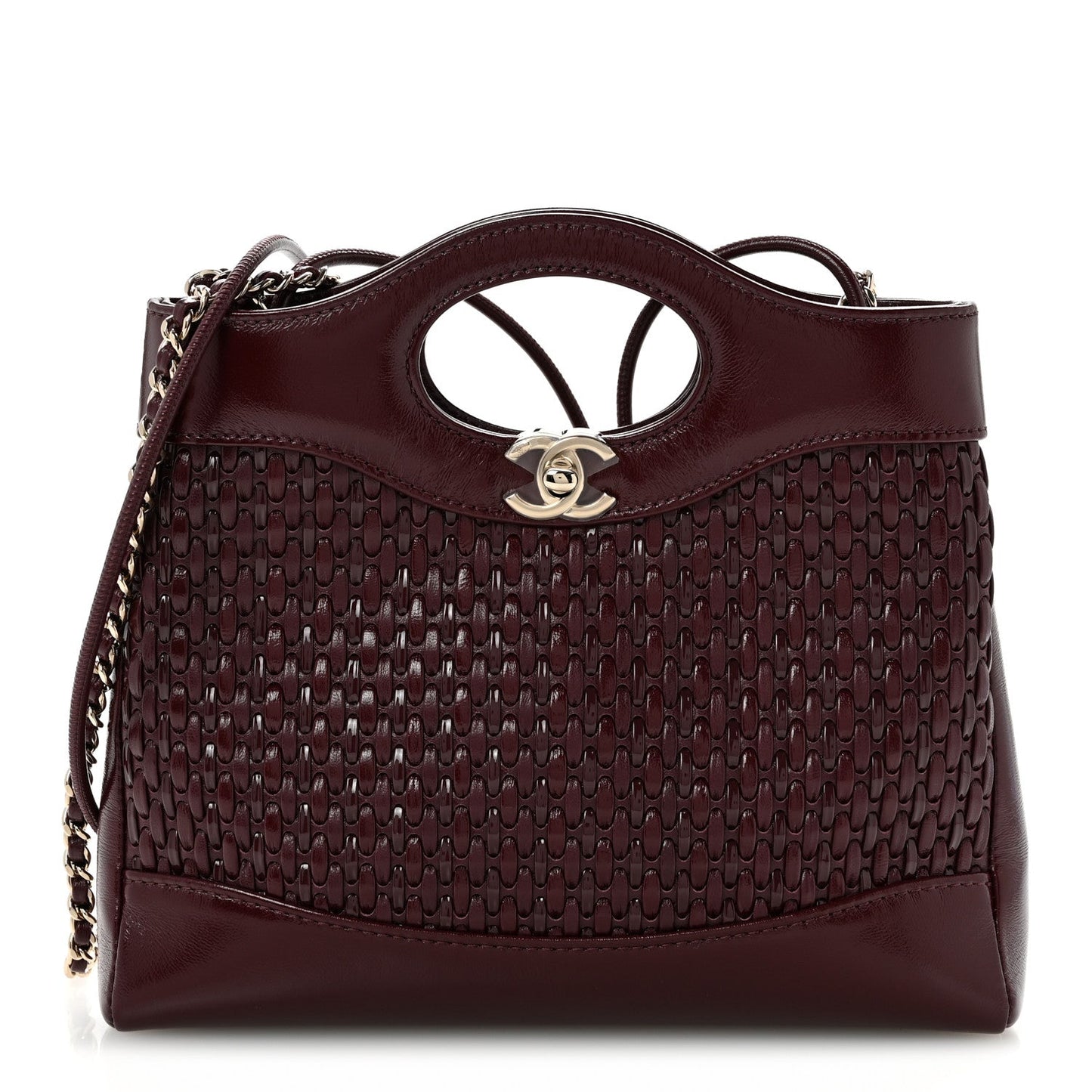 Shiny Lambskin Patent Calfskin Quilted Mini 31 Shopping Bag Dark Burgundy