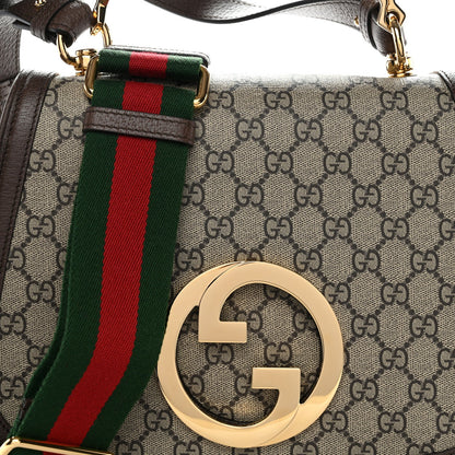GG Supreme Monogram Textured Dollar Calfskin Web Medium Blondie Top Handle Shoulder Flap Bag Beige Ebony New Acero