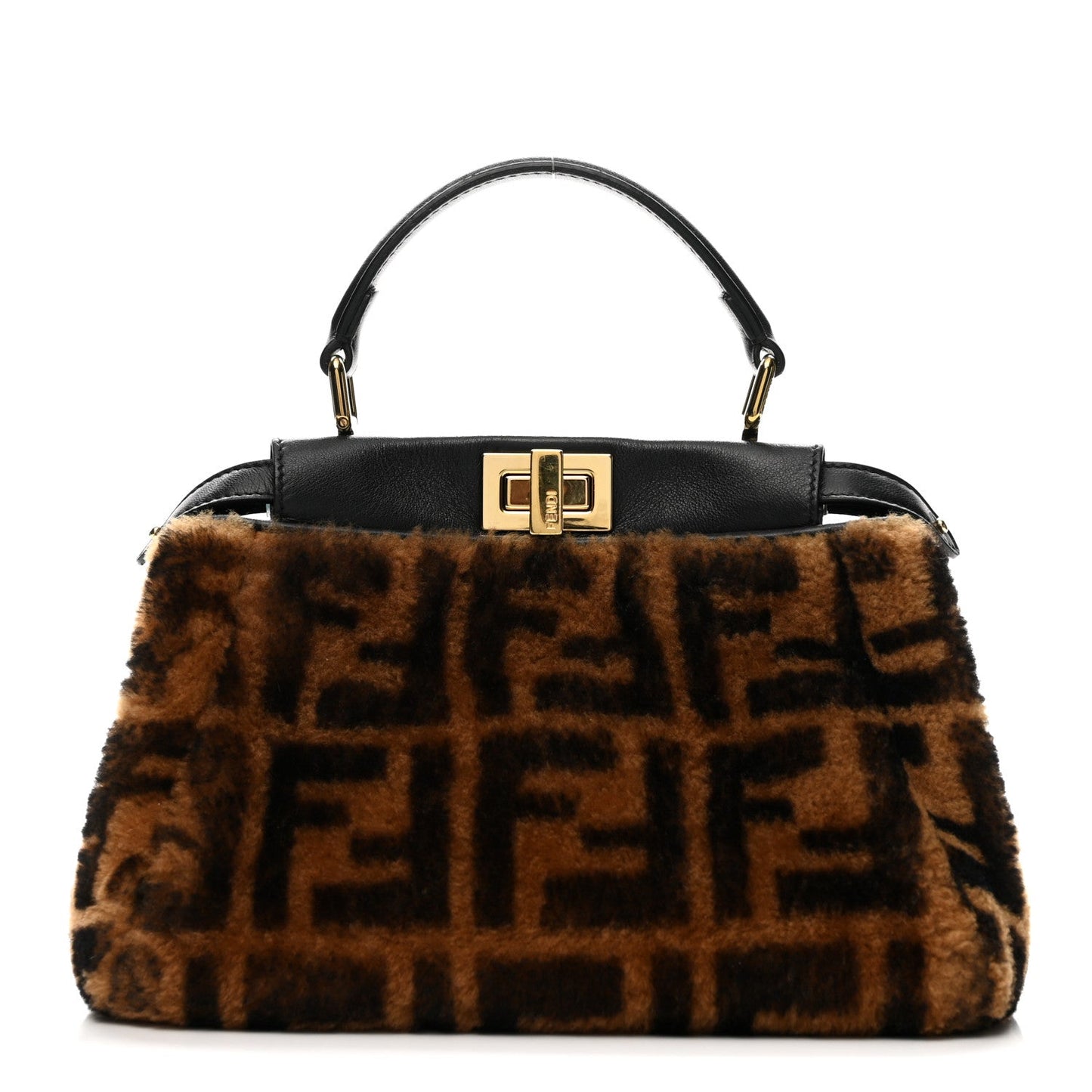 Shearling Nappa Macro FF 1974 Mini Peekaboo Iconic Satchel Tobacco Black
