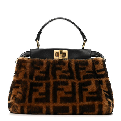 Shearling Nappa Macro FF 1974 Mini Peekaboo Iconic Satchel Tobacco Black