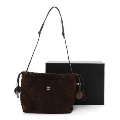 Suede Calfskin Lambskin Quilted Clutch With Strap Dark Brown