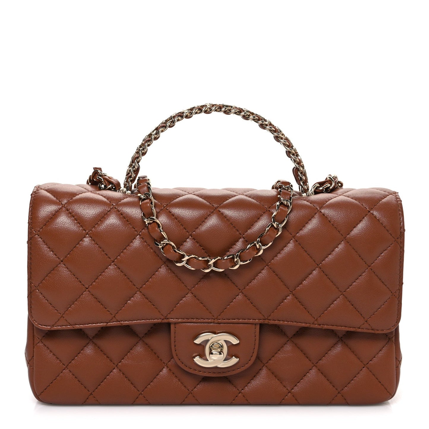 Lambskin Quilted Medium Crystal Top Handle Rectangular Flap Brown