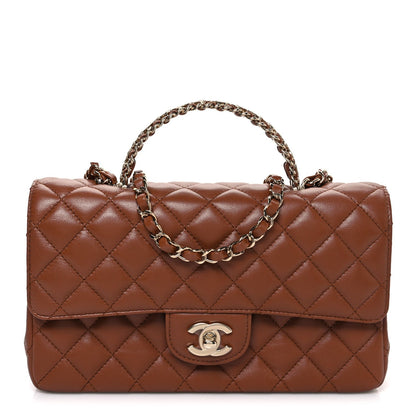 Lambskin Quilted Medium Crystal Top Handle Rectangular Flap Brown