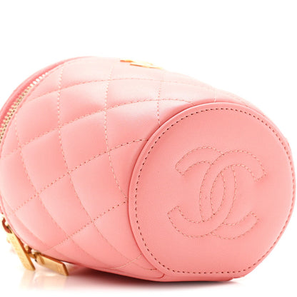 Lambskin Quilted Afternoon Tea Top Handle Vanity Case With Chain  Light Pink