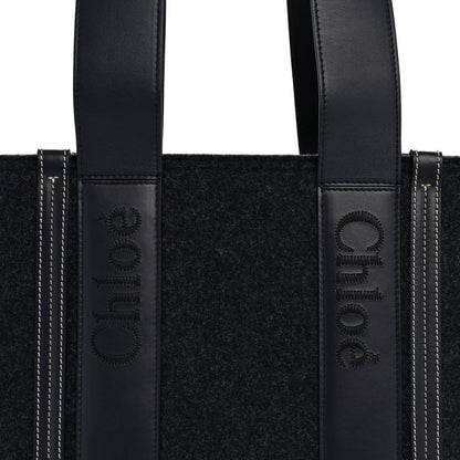 Felt Shiny Calfskin Medium Woody Ribbon Tote Obscure Navy