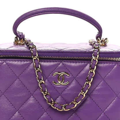 Lambskin Quilted Small Top Handle Vanity Case With Chain Purple