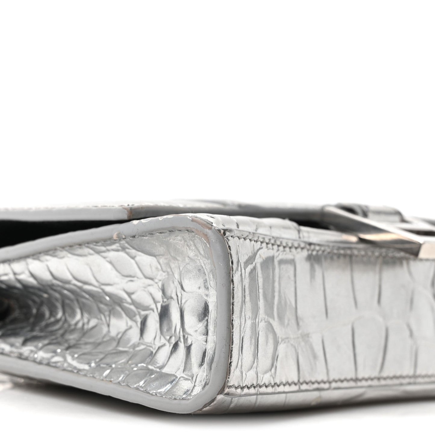 Metallic Calfskin Crocodile Embossed Hourglass Chain Bag Silver