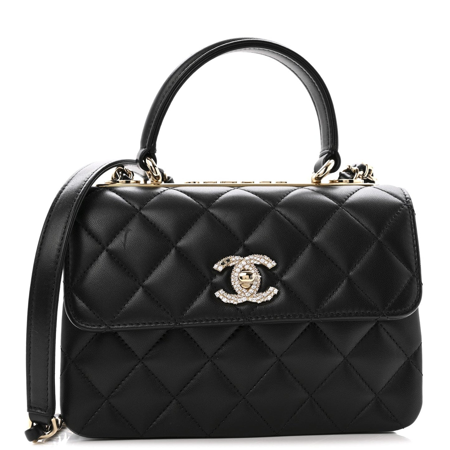 Lambskin Crystal Quilted Mini Trendy CC Dual Handle Flap Bag Black