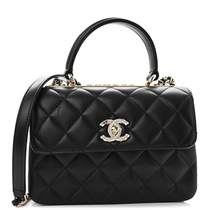 Lambskin Crystal Quilted Mini Trendy CC Dual Handle Flap Bag Black