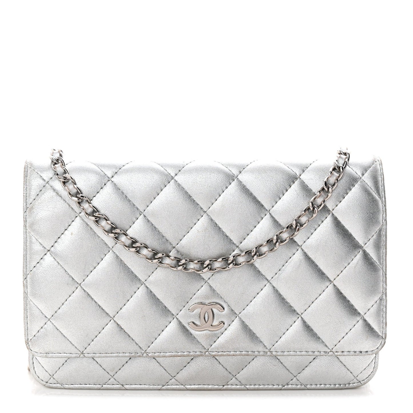Metallic Lambskin Quilted Wallet On Chain WOC Silver
