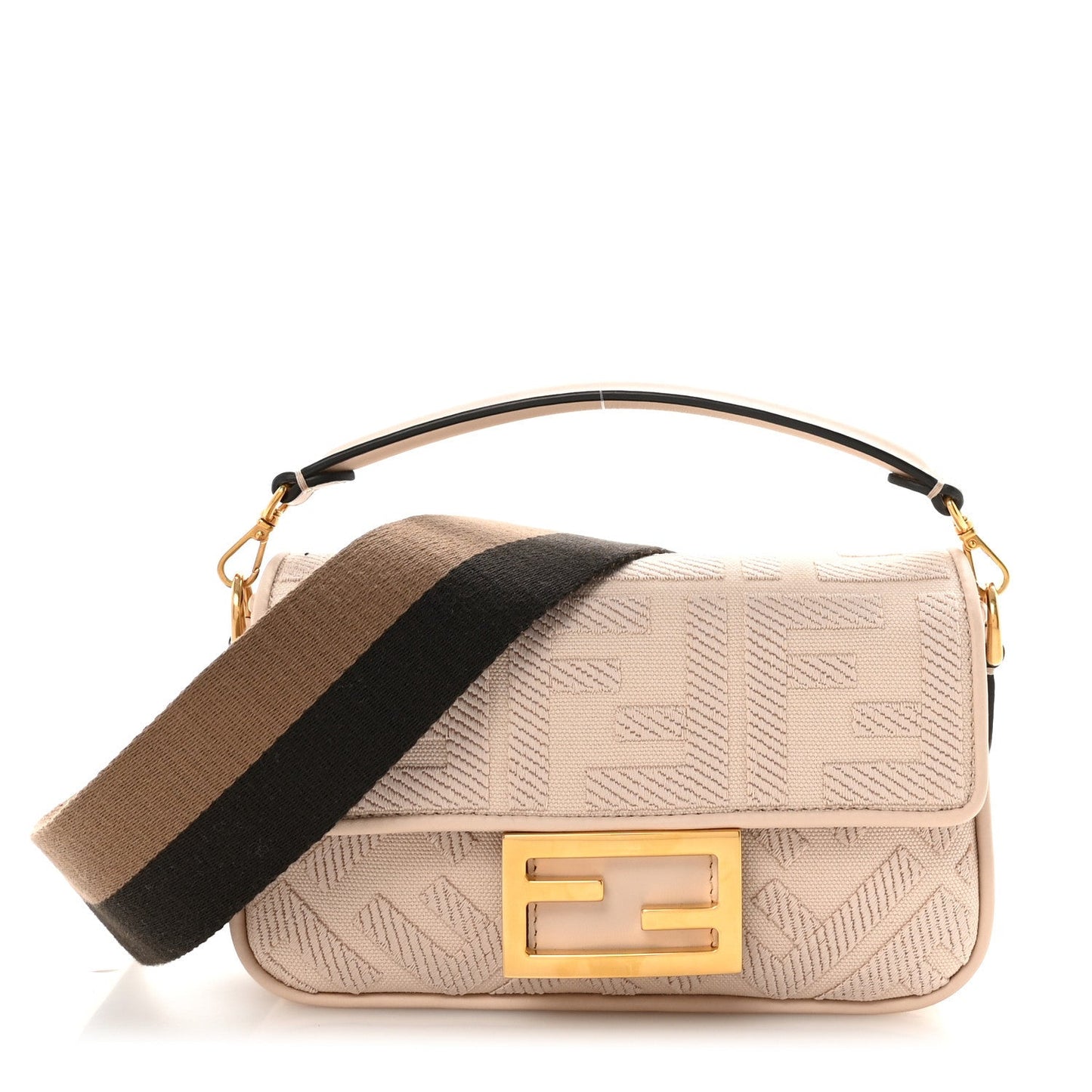 Canvas Vitello King Bi-Color Strap FF Embroidered Mini Baguette Poudre