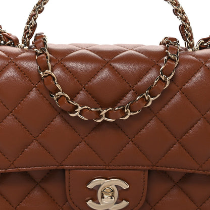 Lambskin Quilted Medium Crystal Top Handle Rectangular Flap Brown