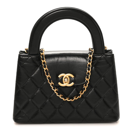 Shiny Aged Calfskin Quilted Nano Kelly Shopper Black
