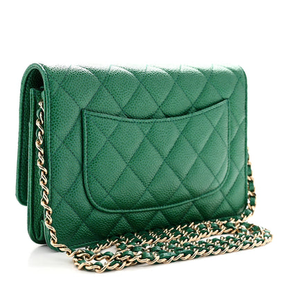Metallic Caviar Quilted Wallet On Chain WOC Green