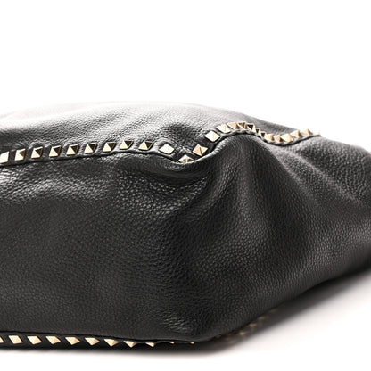 Grained Calfskin Medium Rockstud Reversible Tote Black Rose Violet
