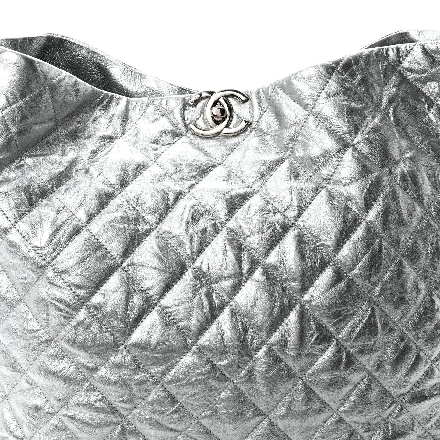 Metallic Crackled Calfskin Quilted Large Big Bang Hobo Silver