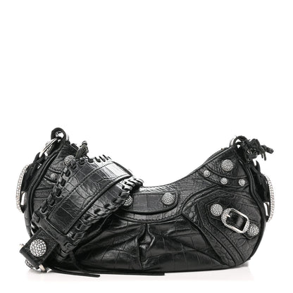 Extra Supple Calfskin Crystal Crocodile Embossed Le Cagole Shoulder Bag XS Black