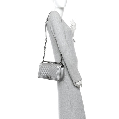 Metallic Caviar Chevron Quilted Medium Boy Flap Silver
